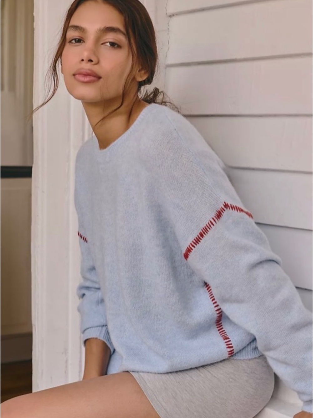 Anthropologie Sundry Crew Neck Baseball Stitch Oversized Blue Sweater SZ M